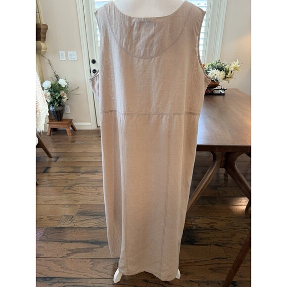 Silk Linen Embroidered Midi Dress Beige Floral Bee Detail 3X Boho Coastal Resort - Picture 3 of 10